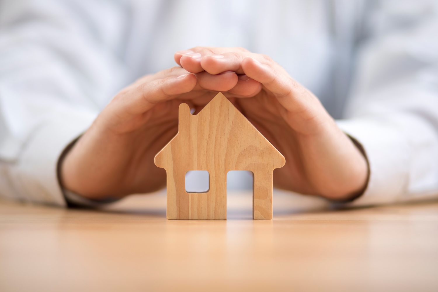 Person's hands protecting a wooden house.