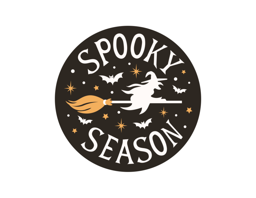 Sticker with a witch riding on a broom that says 